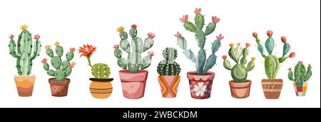 Set di cactusi fiorenti, piante succulente in vasi Illustrazione Vettoriale