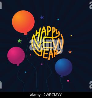 Felice anno nuovo illustrazione colorata di lettere con palloncini ed elementi vettoriali per festeggiare. Felice anno nuovo concept creativo a forma di palloncino. Illustrazione Vettoriale