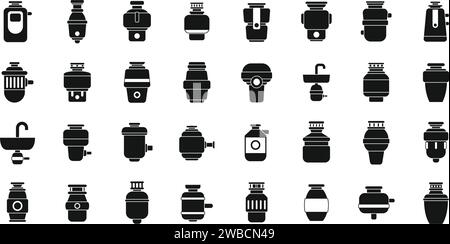 Le icone per lo smaltimento dei rifiuti alimentari impostano un vettore semplice. Lavandino per rifiuti. Tubo dell'acqua Illustrazione Vettoriale
