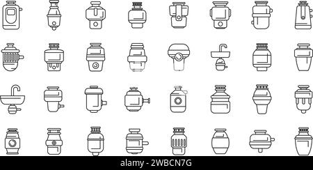 Le icone per lo smaltimento dei rifiuti alimentari definiscono il vettore di delimitazione. Lavandino per rifiuti. Tubo dell'acqua Illustrazione Vettoriale