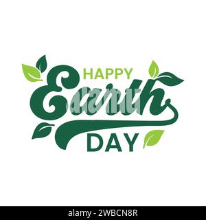 Happy Earth Day illustrazione vettoriale con lettere a mano con foglie su sfondo bianco. Banner Earth Day, poster. Giornata della Terra attivismo ambientale ed ecologico Illustrazione Vettoriale