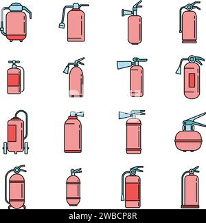 Set di icone allarme estintore. Serie di icone vettoriali allarme estintore linea sottile di colore piatta su bianco Illustrazione Vettoriale