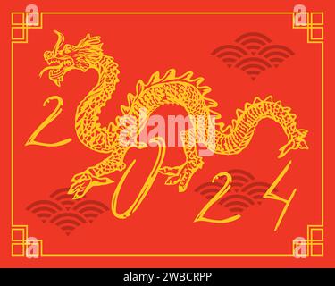 Vettore di drago cinese. Capodanno cinese 2024, su sfondo rosso. Biglietti d'auguri tradizionali, inviti, striscioni grandi, poster, confezione regalo. Illustrazione Vettoriale