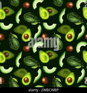 Motivo avocado senza cuciture. Avocado frutta fresca tropicale disegno ad acquerello illustrazione digitale. Sfondo nero. Foto Stock