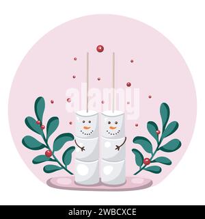 Accessori invernali. Marshmallow invernali sotto forma di pupazzo di neve Illustrazione Vettoriale