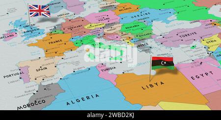 Regno Unito e Libia - Blocca bandiere sulla mappa politica - illustrazione 3D. Foto Stock