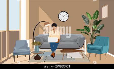 Ragazza di colore freelance che lavora a distanza a casa. Illustrazione Vettoriale