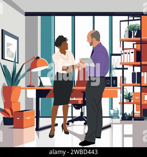 Donna d'affari nera e uomo anziano in ufficio. Illustrazione Vettoriale