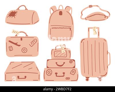 Set di valigie per viaggiatori in stile cartoni animati Illustrazione Vettoriale