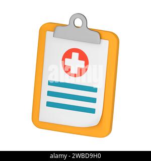Scheda medica 3D, appunti con note e croce, report, dati sanitari, concetto di anamnesi medica. Illustrazione vettoriale 3D isolata su sfondo bianco. Illustrazione Vettoriale