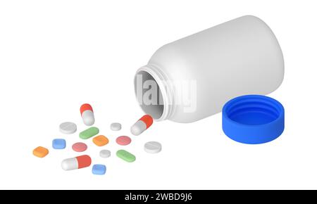 Un prelievo di pillole versate. Una bottiglia di pillole che fuoriescono. Illustrazione vettoriale 3D isolata su sfondo bianco. Illustrazione Vettoriale