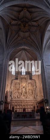 Interno gotico della cattedrale, luce del sole che illumina l'altare. Maestoso interno della cattedrale con pala d'altare decorata. Pala d'altare della Cattedrale di Huesca Damiand Foto Stock