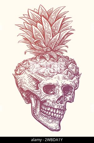 Ananas cranio umano. Illustrazione vettoriale di schizzi vintage disegnata a mano Illustrazione Vettoriale