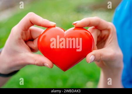 Coppia felice che cerca di collegare due pezzi di cuore - la relazione, nel concetto d'amore Foto Stock