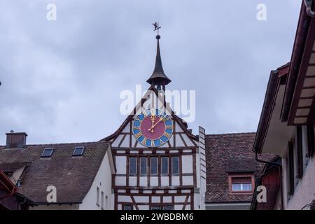 Le mura medievali di Clock Untertor (gate inferiore), Stein am Rhein, Schaffhausen, Svizzera Foto Stock