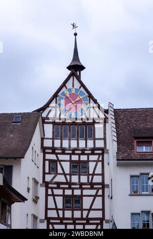 Le mura medievali di Clock Untertor (gate inferiore), Stein am Rhein, Schaffhausen, Svizzera Foto Stock