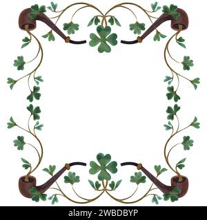 Cornice di scrofoli di trifoglio shamrock con tubi fumanti di leprechaun. Decorazione per St. Patrick's Day. Illustrazione ad acquerello isolata su sfondo bianco. Foto Stock