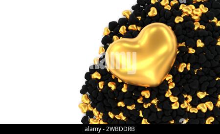 Sfondo pieno di cuori in nero e oro - rendering 3D. Foto Stock