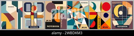 Set di coperture per notebook con design geometrico bauhaus. Illustrazione Vettoriale