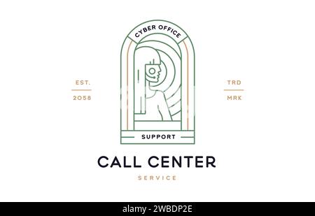 Etichetta di ricezione Call Center. Modello minimalista con logo line art. Badge di ricezione per call center dal design semplice e moderno. Simbolo icona della linea segnale di supporto alla ricezione del call center. Illustrazione vettoriale Illustrazione Vettoriale