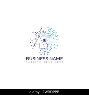Lettera iniziale AB illustrazione del logo Abstract Eye. Elemento circolare blu astratto viola quadrato con un occhio al centro Illustrazione Vettoriale