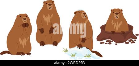 Ricci di raccolta. Animale roditore sulla neve, marmotte in piedi e guardando fuori da un buco di terra. Simpatici personaggi isolati per le vacanze di Groundhog Day Illustrazione Vettoriale