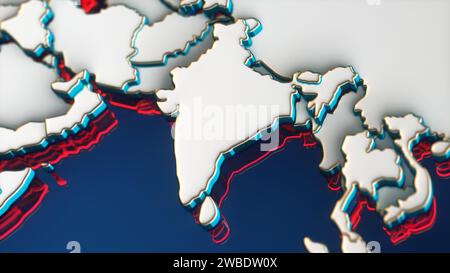 Mappa del mondo bianco con continente indiano, confini oro e contorno rosso su sfondo blu. Illustrazione rappresentazione 3D. Foto Stock