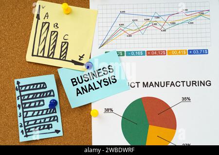 Concetto aziendale. Grafici e diagrammi di reporting sono appesi sulla bacheca, un adesivo con l'iscrizione - ANALISI AZIENDALE Foto Stock