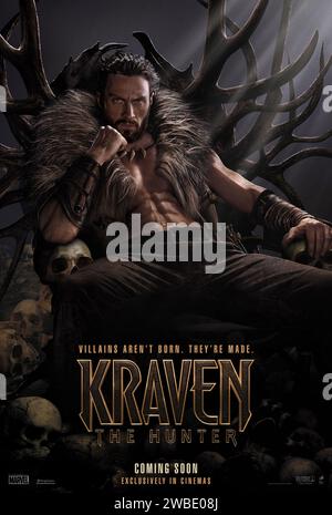 Kraven the Hunter (2024) diretto da J.C. Chandor e interpretato da Aaron Taylor-Johnson, Russell Crowe e Ariana DeBose. L'immigrato russo Sergei Kravinoff è in missione per dimostrare di essere il più grande cacciatore del mondo. Poster avanzato DEGLI STATI UNITI ***SOLO PER USO EDITORIALE***. Credito: BFA / Columbia Pictures Foto Stock