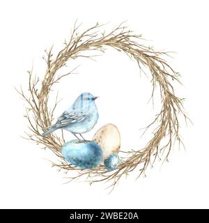 Corona di rami ad acquerello con un uccello blu e uova di Pasqua. Illustrazione per le vacanze di Pasqua disegnata a mano. Disegnare su sfondo isolato per l'auto di benvenuto Foto Stock