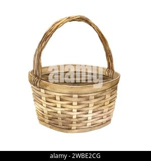 Illustrazione ad acquerello di un cestino marrone vimini. Elemento vuoto per picnic, fiori, verdure, cibo isolato sullo sfondo. Reggiseno rustico in paglia vintage Foto Stock