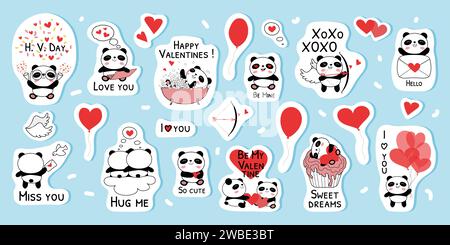 Adesivi baby panda per illustrazioni valentine Day Vector Illustrazione Vettoriale