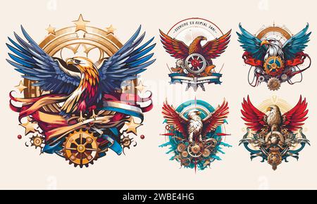 Set di modelli di emblema con logo Steampunk Eagle. Colorata collezione di logo vintage punk, falco e aquila Illustrazione Vettoriale