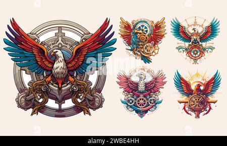 Set di modelli di emblema con logo Steampunk Eagle. Colorata collezione di logo vintage punk, falco e aquila Illustrazione Vettoriale