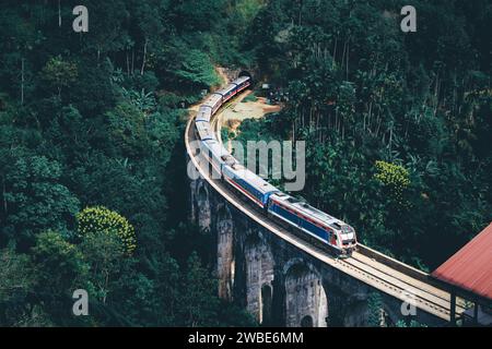 Treno in Sri Lanka su Nine Arch Bridge. Ferrovia per Ella da Kandy. Turismo di campagna. Foresta verde e giungla. Viaggio in treno a Ceylon. Foto Stock