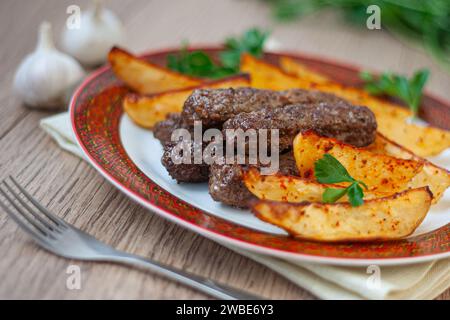 Kebab di Lula su un piatto bianco con bordo rosso con patate al forno e verdure. Kebab Lula di agnello, kebab di manzo lula, kebab di pollo da vicino. Foto Stock