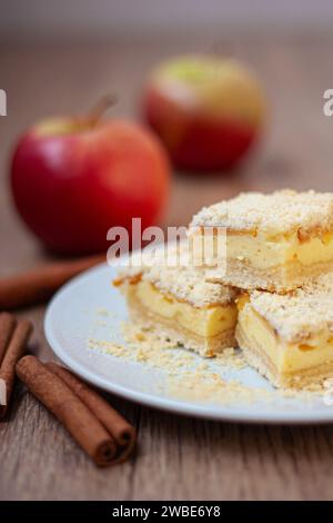 Torta di mele a fette fatta con pasta frolla con crema di formaggio cottage e spicchi di mele su un piatto bianco su sfondo nero. Mele e cannella st Foto Stock