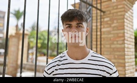 Giovane uomo ispanico, fresco e rilassato, che ritrae un'espressione seria mentre si trova all'aperto nella soleggiata strada cittadina, assorbendo lo stile di vita urbano. Foto Stock