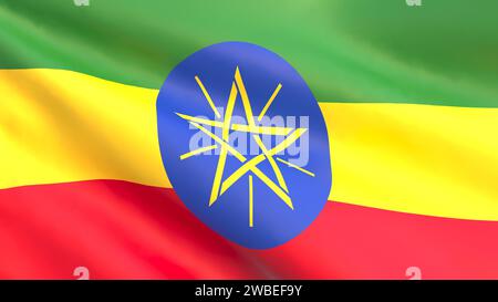 Rendering 3D - la bandiera nazionale dell'Etiopia che fluttua nel vento. Foto Stock