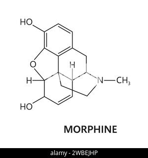 Molecola e formula del farmaco morfina, struttura chimica del narcotico oppiaceo, modello vettoriale. Oppioidi sintetici o organici e sostanze stimolanti vietate, formule di morfina e struttura molecolare Illustrazione Vettoriale