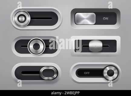 I pulsanti della barra di scorrimento in metallo dell'interfaccia utente e i pulsanti di commutazione, Vector realistico. La diapositiva di controllo Spegni e Spegni consente di attivare o disattivare il menu del pannello delle impostazioni dell'interfaccia utente del lettore multimediale o i pulsanti del cursore del volume audio della musica Illustrazione Vettoriale