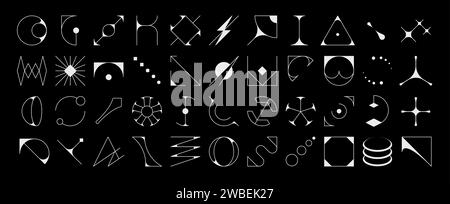 Forme ed elementi brutali futuristici, figure geometriche astratte, icone vettoriali. Geometria del brutalismo e semplici figure primitive o simboli di linea minimali di forme astratte a stella, sole o triangolo Illustrazione Vettoriale