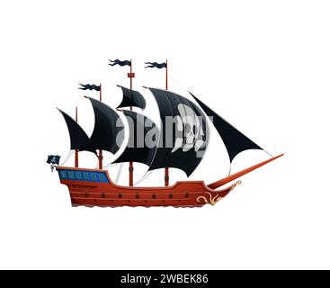 Nave dei pirati adornata con teschio di roger e ossa incrociate su vele nere frantumate. Isolata nave fantasy minacciosa con bandiere minacciose e tentacoli di polpi adornano con orgoglio il suo scafo intemprato Illustrazione Vettoriale