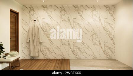 Piastrelle, pareti in legno, bagno vuoto di stile moderno. Foto Stock