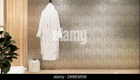 Piastrelle, pareti in legno, bagno vuoto di stile moderno. Foto Stock