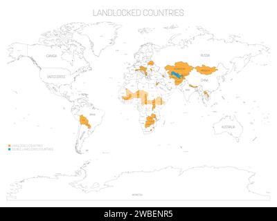 Mappa politica del mondo con paesi marcati senza sbocco sul mare e doppi senza sbocco sul mare. Illustrazione Vettoriale