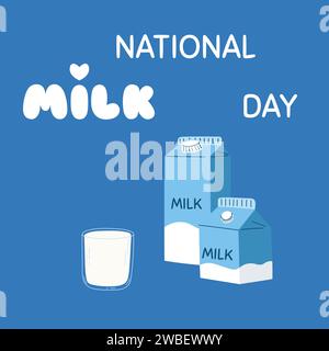Concetto nazionale di giornata del latte. Vetro vettoriale disegnato a mano e un cartone di latte Illustrazione Vettoriale