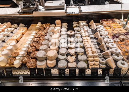 Lione, Francia - 30 GENNAIO 2022: Formaggio tradizionale francese venduto a Les Halles de Lyon Paul Bocuse, costruito nel 1971 nel 3° arrondissement di Lione, Auverg Foto Stock