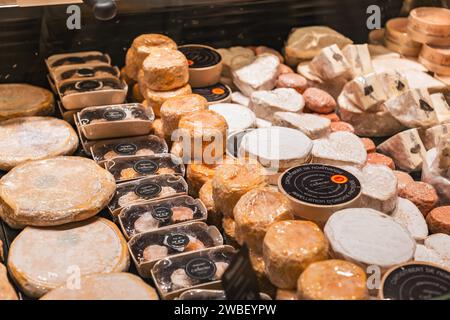 Lione, Francia - 30 GENNAIO 2022: Formaggio tradizionale francese venduto a Les Halles de Lyon Paul Bocuse, costruito nel 1971 nel 3° arrondissement di Lione, Auverg Foto Stock