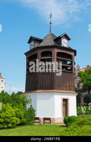 Una torre dell'orologio in legno si erge sotto un cielo blu circondato da alberi ed erba, Torre dell'Orologio, Oratoronia, Tata, Totis, lago Oereg, Komarom-Esztergom Foto Stock